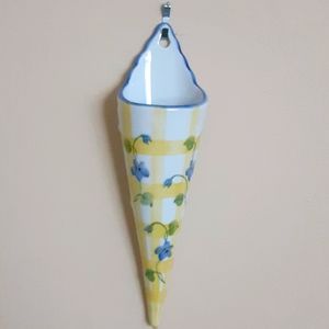Blue Floral Yellow Gingham Hand Painted Wall Pocket Vase 9.5" Andrea by Sadek